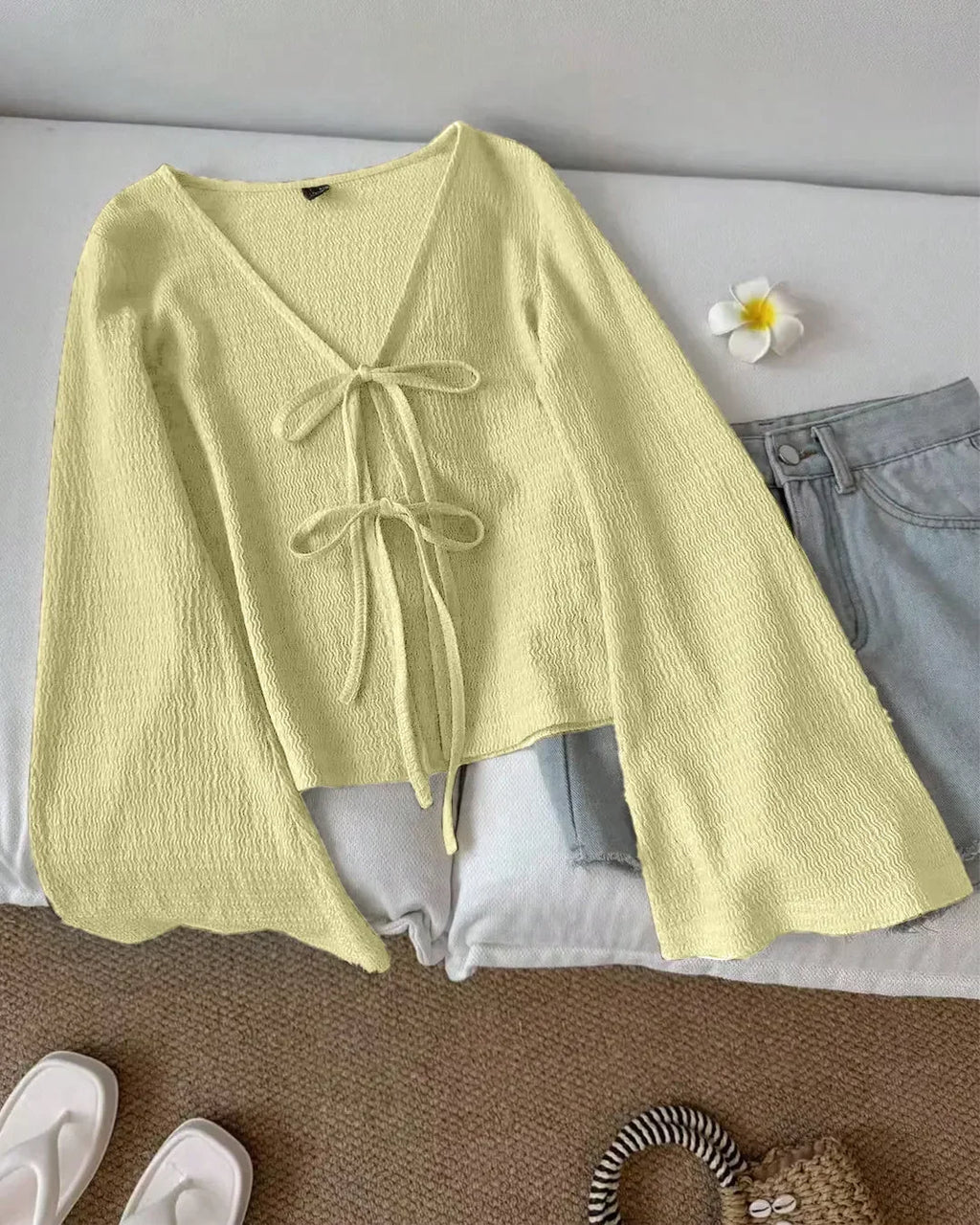 Slim Fit V-Neck Tie-Up Front Flared Sleeve Top in Yellow
