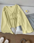 Slim Fit V-Neck Tie-Up Front Flared Sleeve Top in Yellow