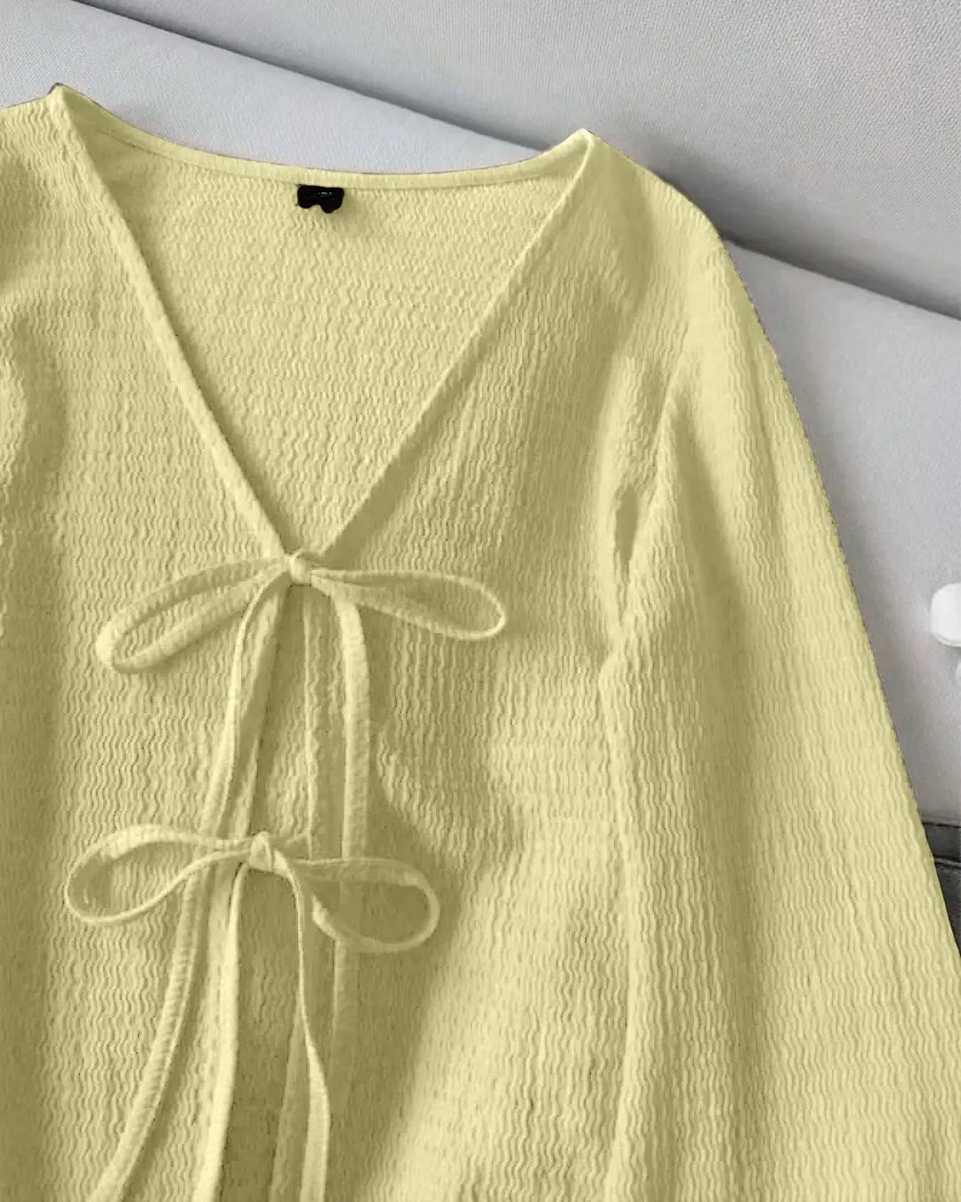 Slim Fit V-Neck Tie-Up Front Flared Sleeve Top in Yellow