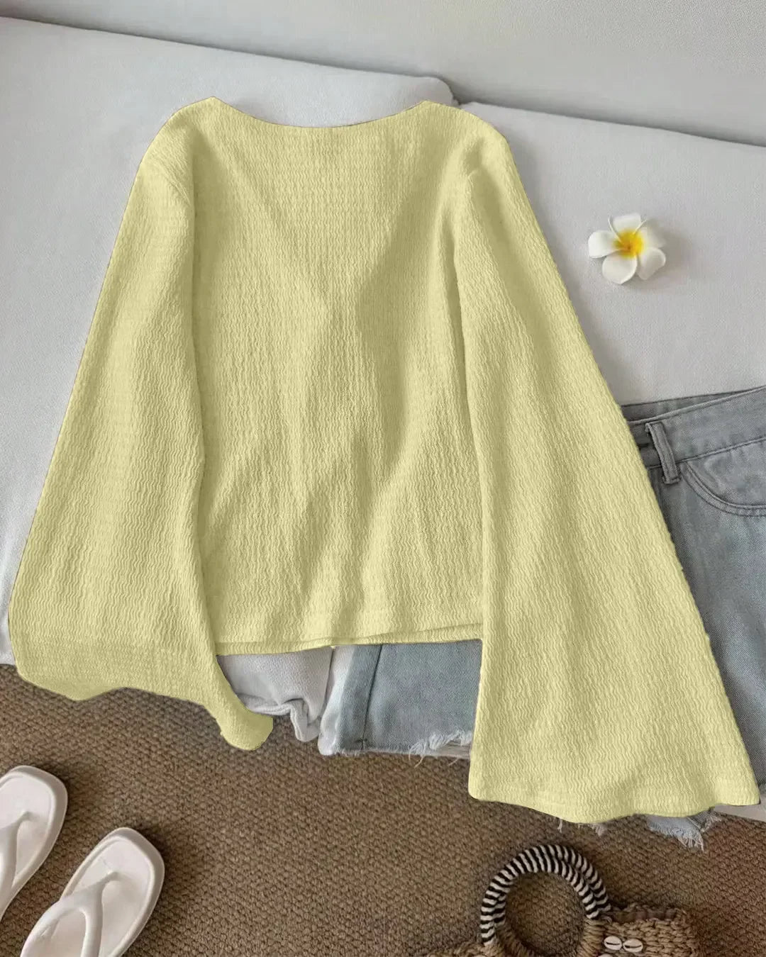 Slim Fit V-Neck Tie-Up Front Flared Sleeve Top in Yellow