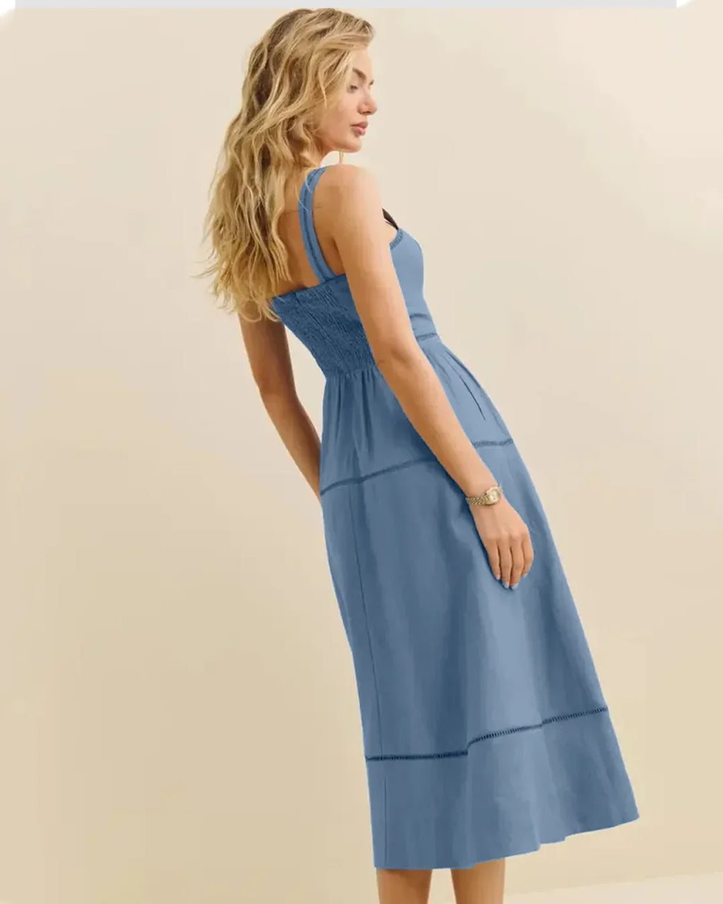 Smocked Back Strap Midi Dress in French Blue