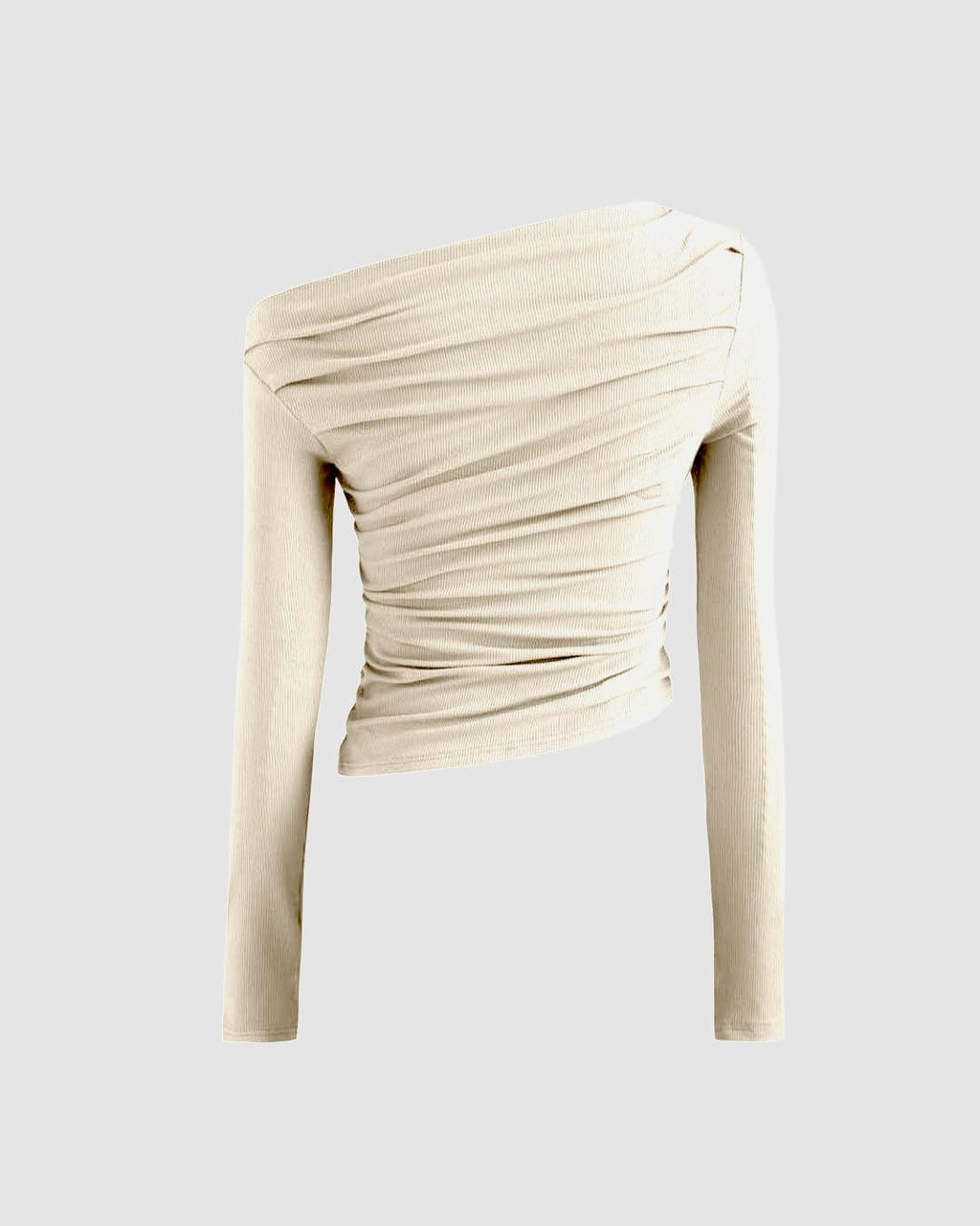 Solid Asymmetrical Neck Ruched Long Sleeve Apricot Top