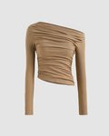 Solid Asymmetrical Neck Ruched Long Sleeve Brown Top