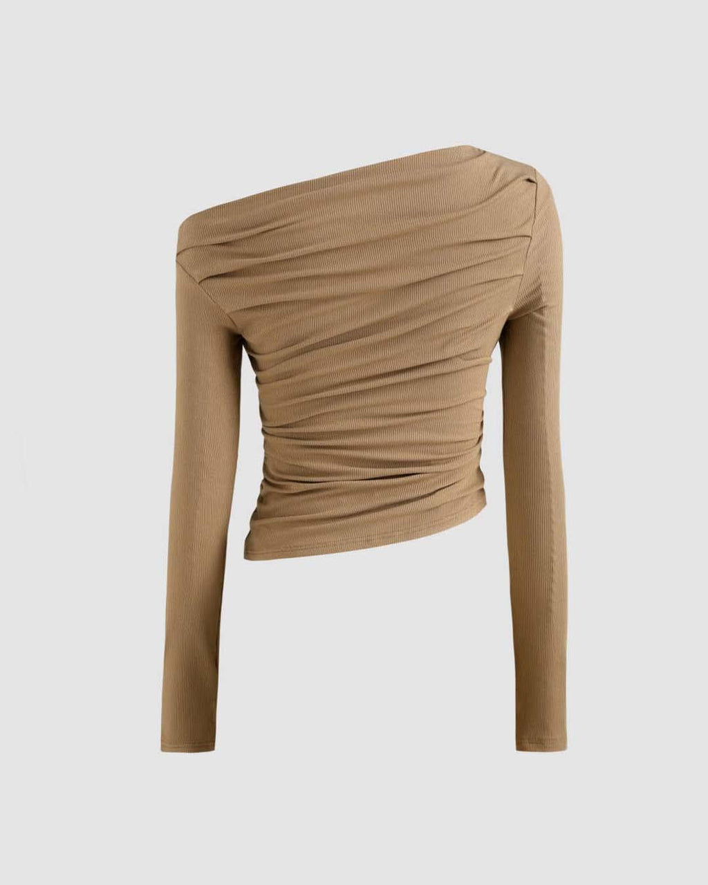 Solid Asymmetrical Neck Ruched Long Sleeve Brown Top