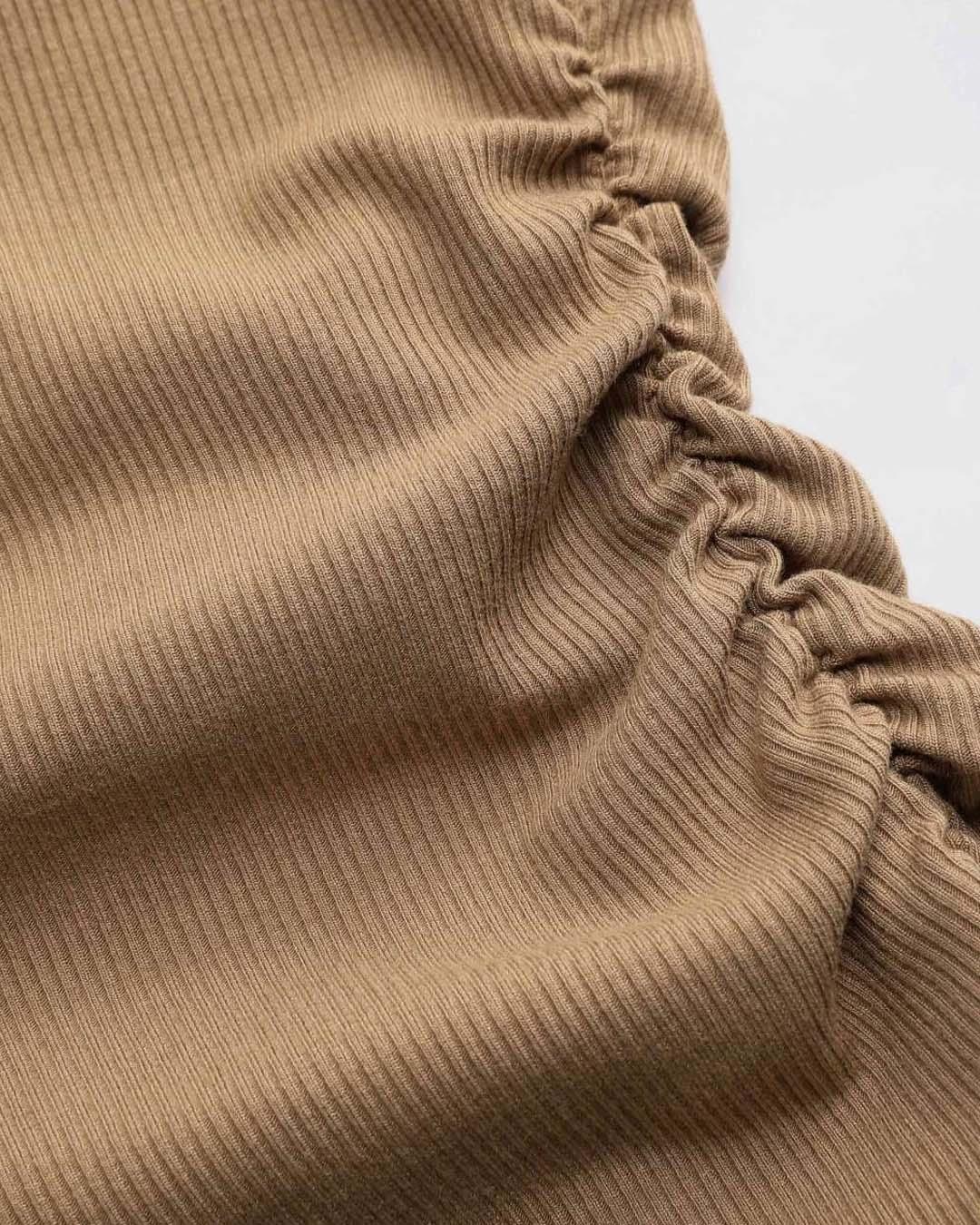 Solid Asymmetrical Neck Ruched Long Sleeve Brown Top