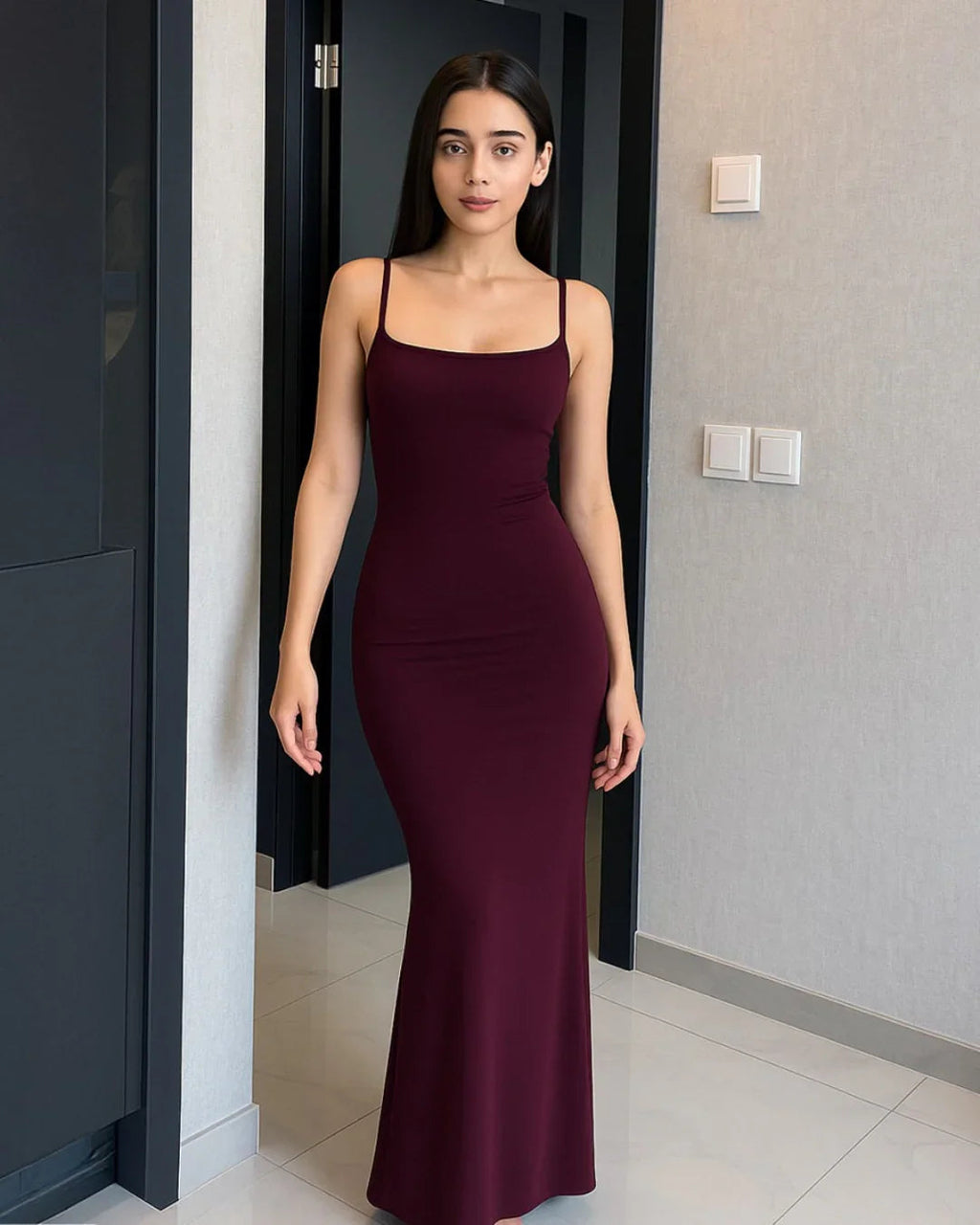 Solid Burgundy Contour Maxi Dress With Thin Straps