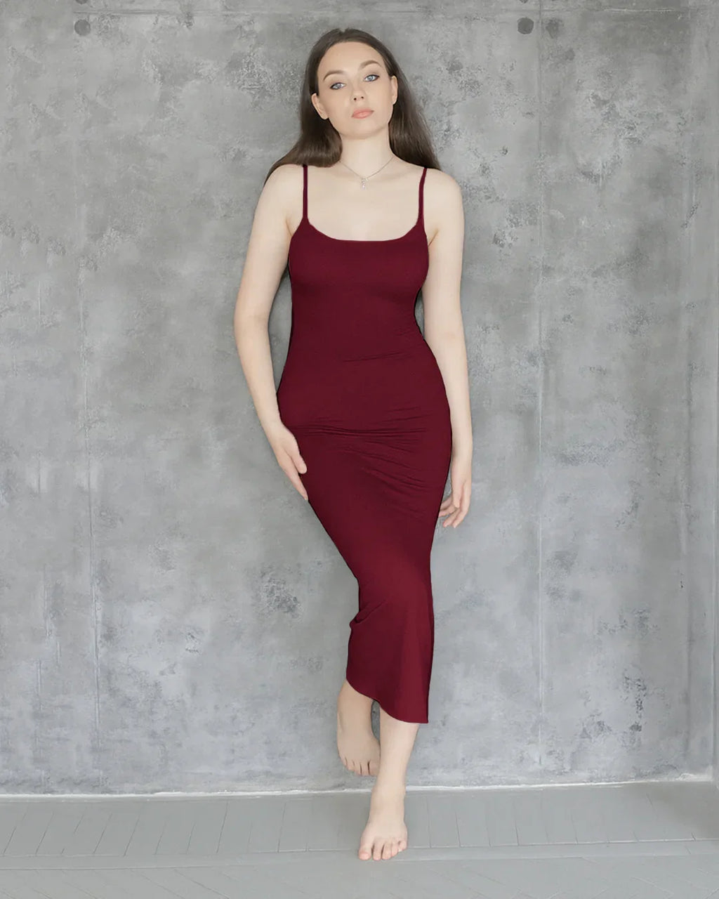 Solid Burgundy Contour Maxi Dress With Thin Straps