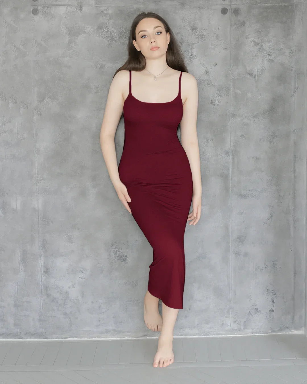 Solid Burgundy Contour Maxi Dress With Thin Straps