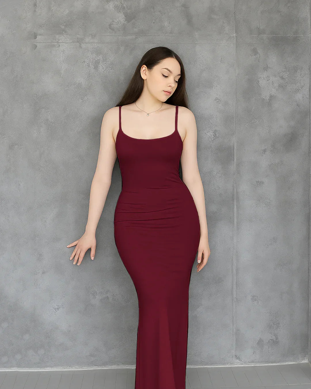 Solid Burgundy Contour Maxi Dress With Thin Straps