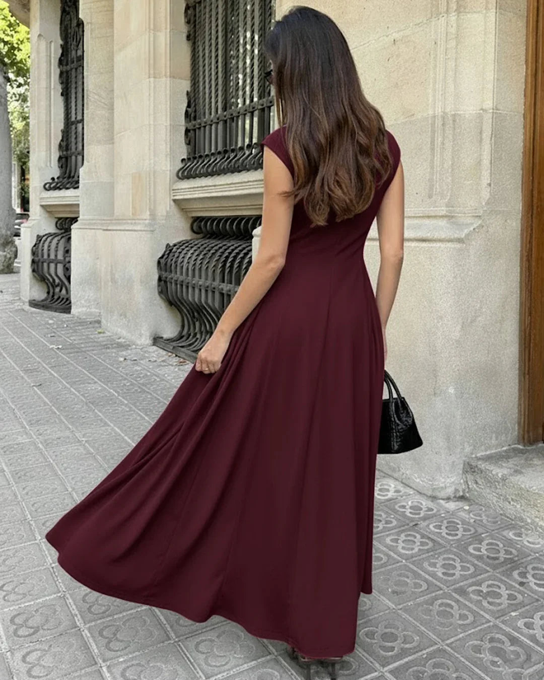 Solid Burgundy Crew Neck Fit & Flare Maxi Dress