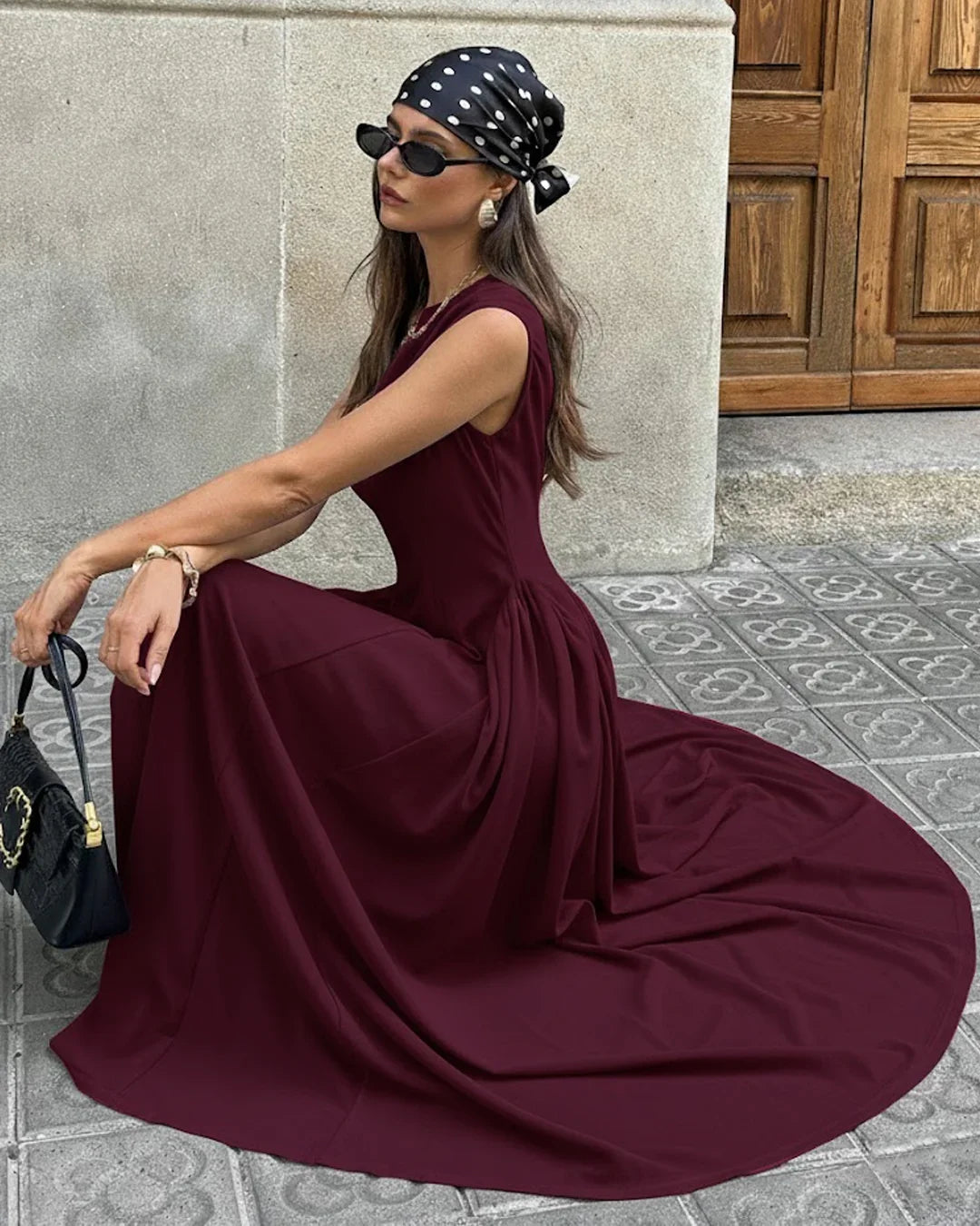 Solid Burgundy Crew Neck Fit & Flare Maxi Dress