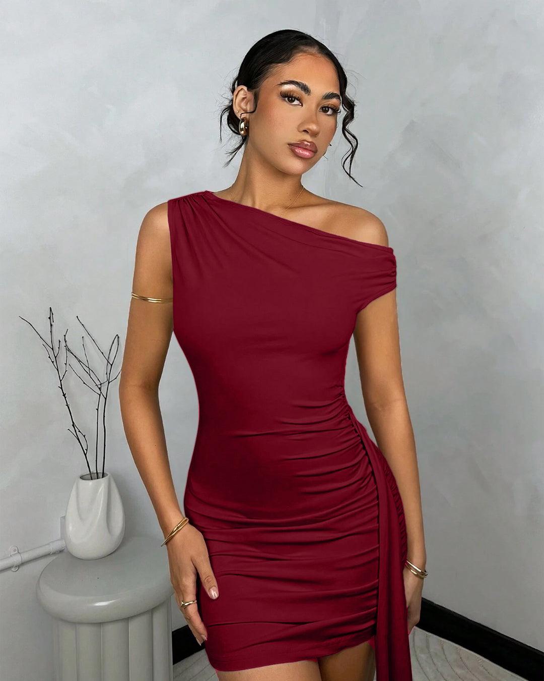 Solid Color Asymmetric Ruched Tie Bodycon Mini Dress