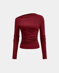 Solid Color Asymmetrical Ruched Long-Sleeve Top In Redberry