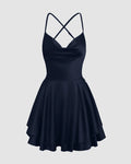 Fit and Flare Spaghetti Strap Backless Mini Dress in Navy Blue