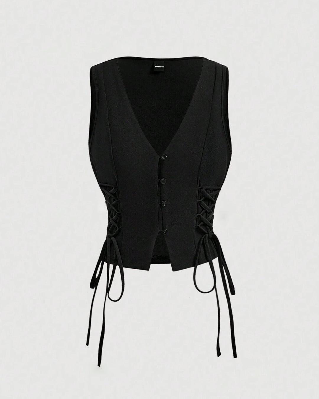Solid Color Cross Tie Strap Black Side Strap Crop Tank Top In Black