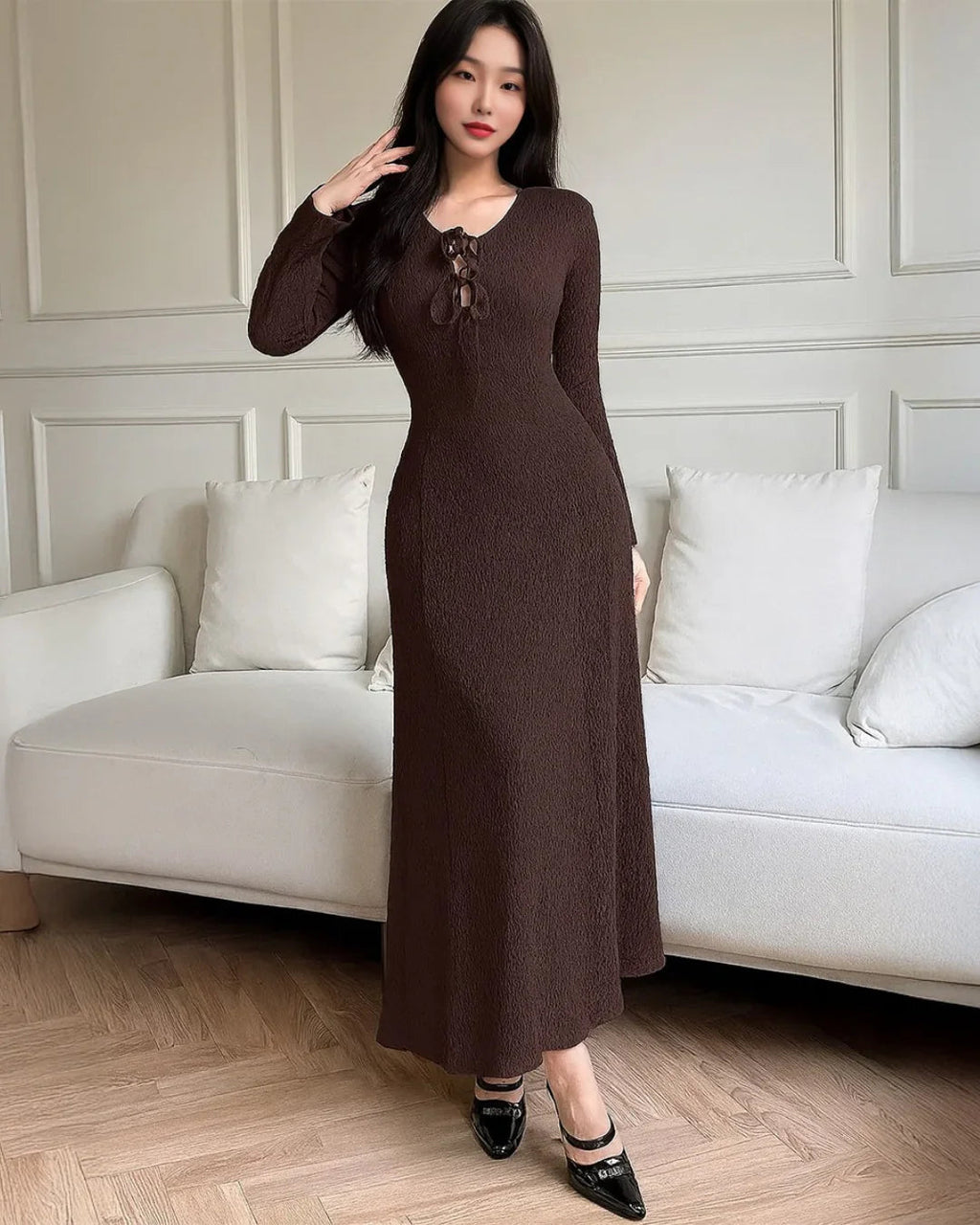 Solid Color Front Tie Long Sleeve Casual Long Dress In Brown