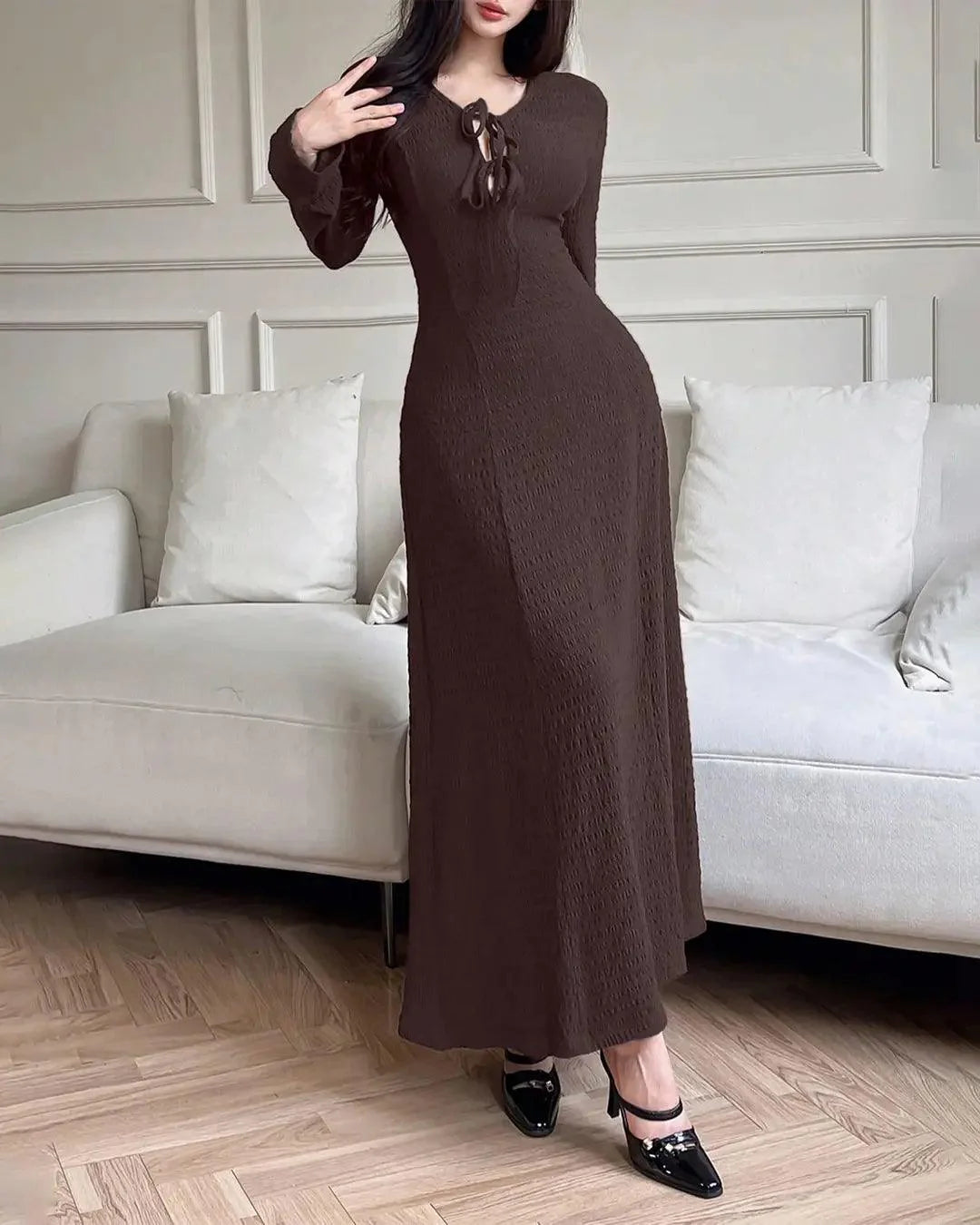 Solid Color Front Tie Long Sleeve Casual Long Dress In Brown