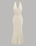 Halter Neck Backless Bodycon Maxi Dress in Beige