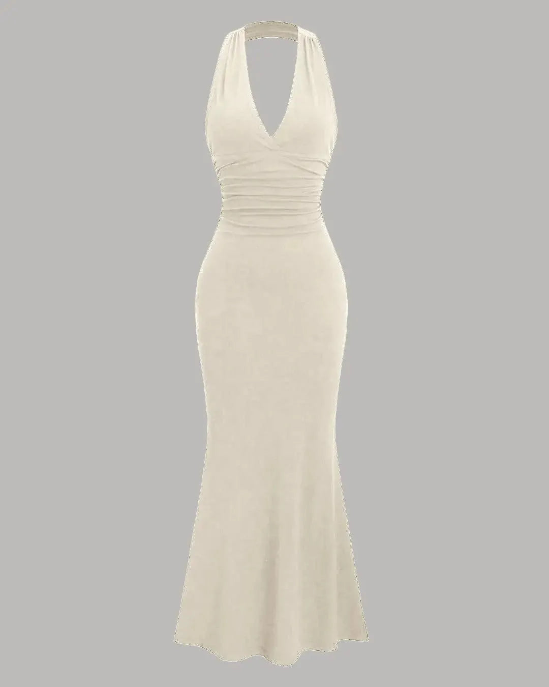 Halter Neck Backless Bodycon Maxi Dress in Beige