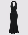 Solid Color Halter Backless Black Mermaid Dress