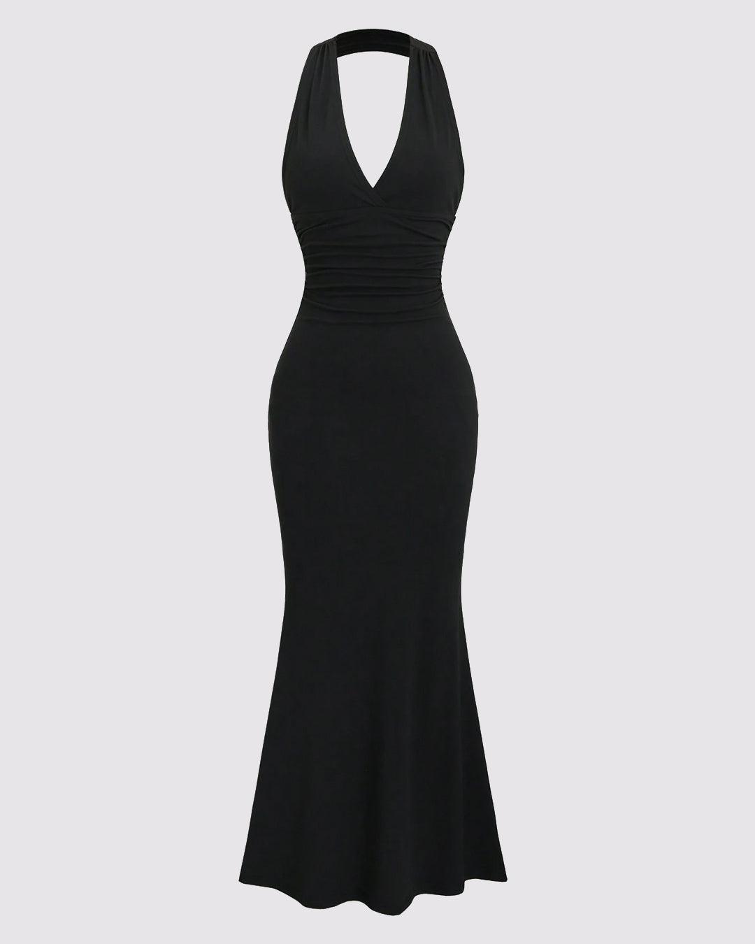 Solid Color Halter Backless Black Mermaid Dress