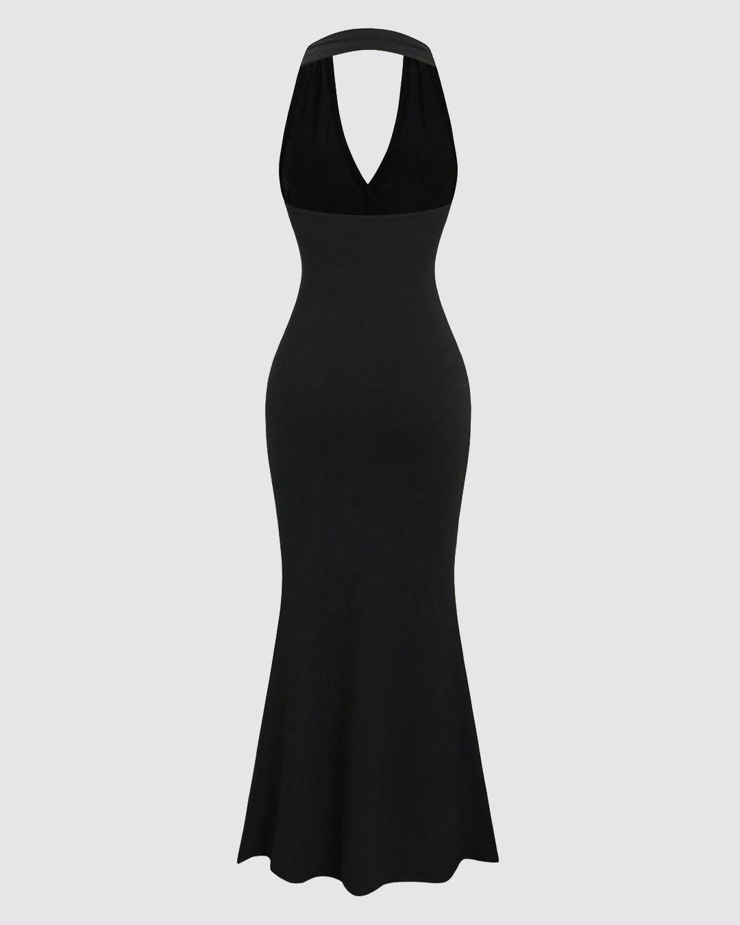 Solid Color Halter Backless Black Mermaid Dress