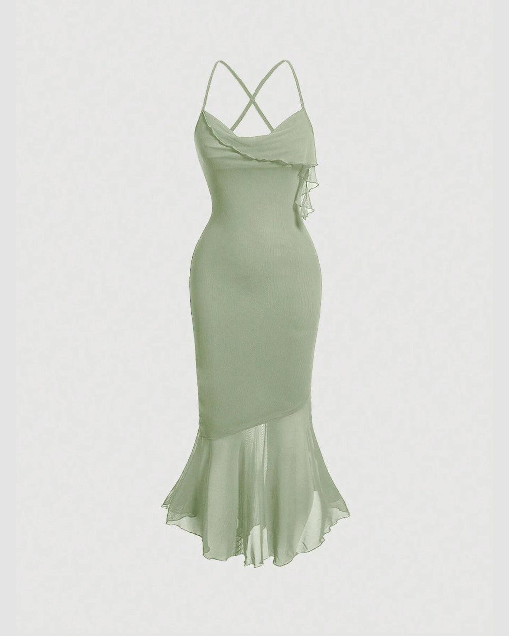 Solid Color High Low Herbal Green Mesh Cami Dress