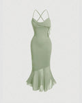 Solid Color High Low Herbal Green Mesh Cami Dress