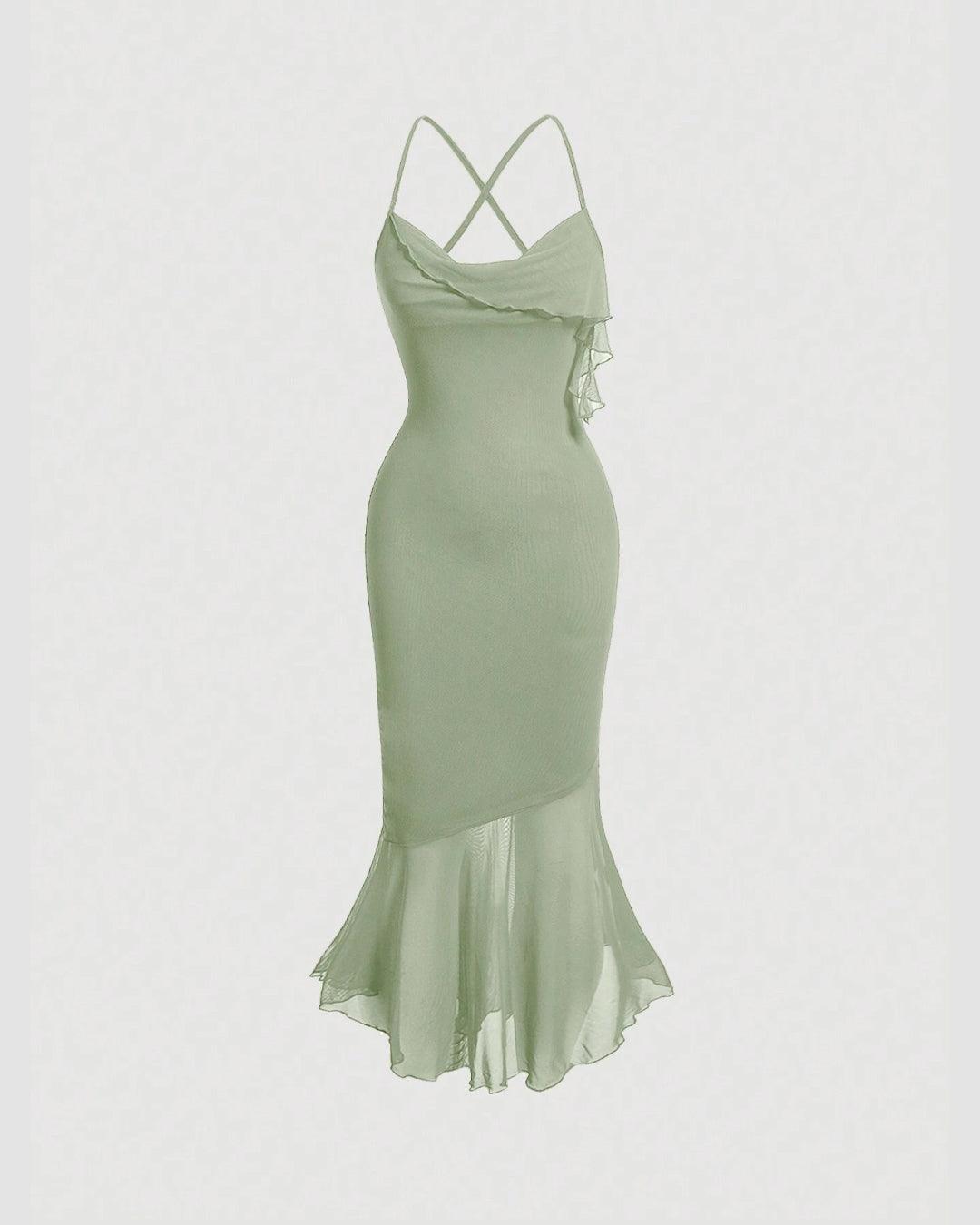 Solid Color High Low Herbal Green Mesh Cami Dress