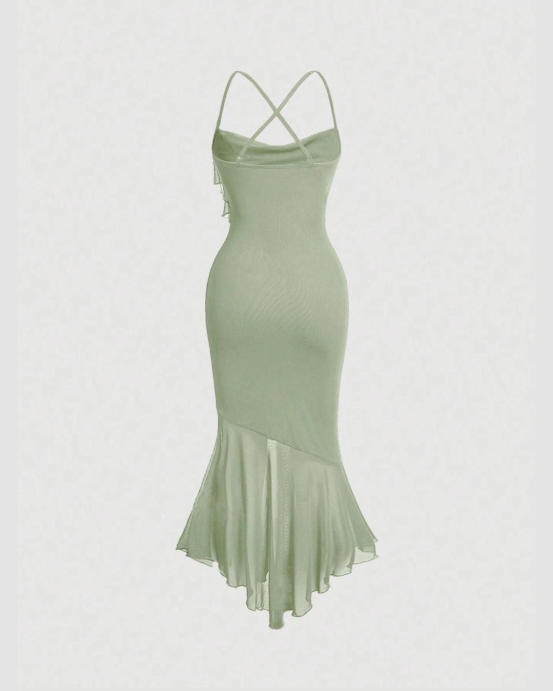 Solid Color High Low Herbal Green Mesh Cami Dress