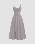 Solid Color High Split Casual Spaghetti Strap Midi Dress In Lavender