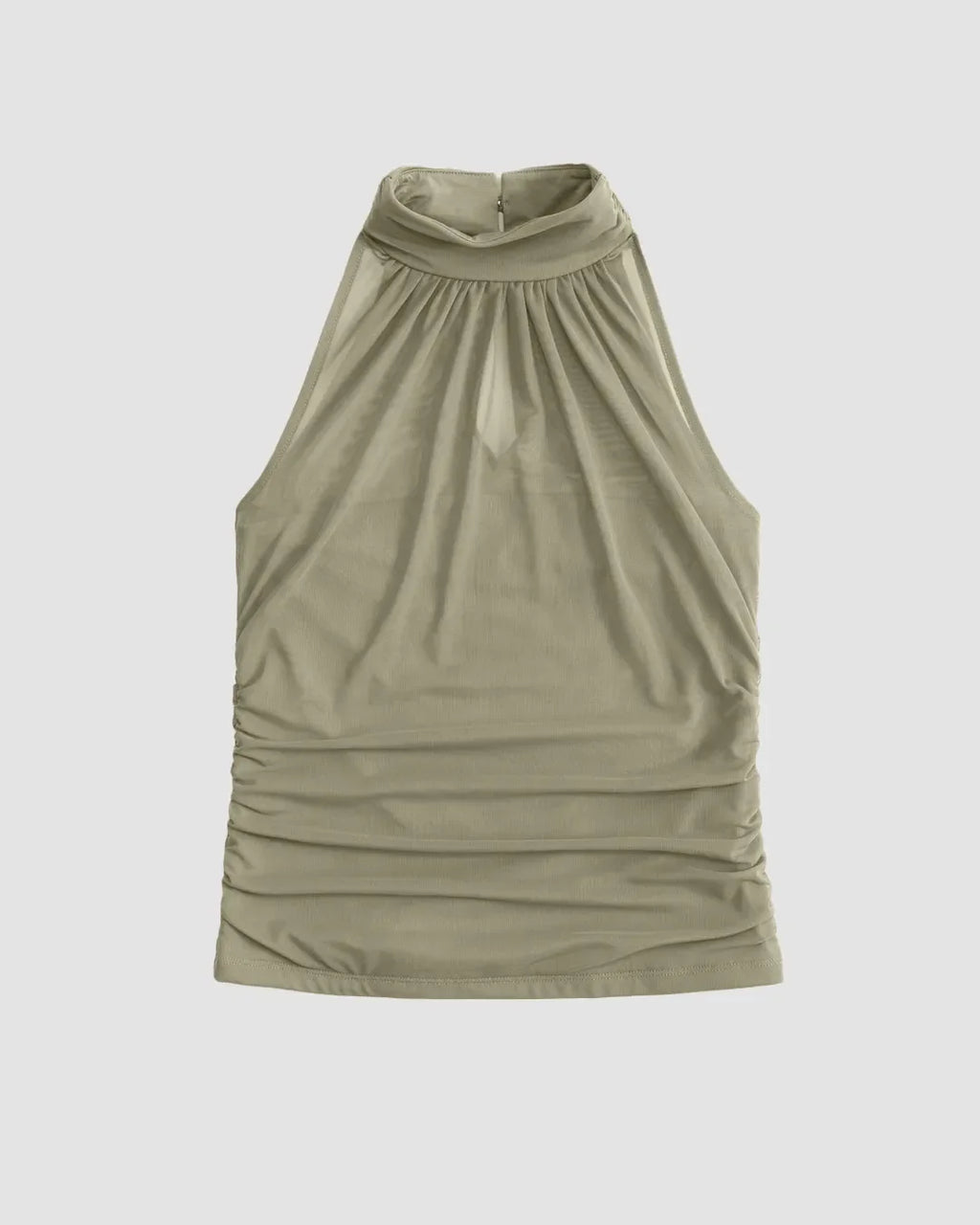 Solid Color Mesh High Neck Gathered Sleeveless Top in Herbal Green