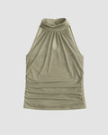 Solid Color Mesh High Neck Gathered Sleeveless Top in Herbal Green
