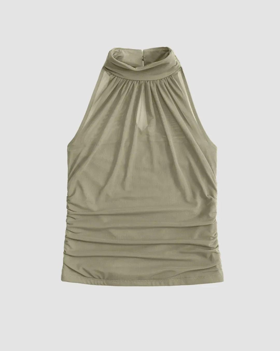 Solid Color Mesh High Neck Gathered Sleeveless Top in Herbal Green