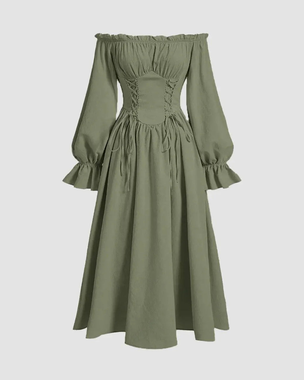 Solid Color Off-Shoulder Cross-Tie Waist Flared Sleeve Dress In Herbal Green