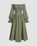 Solid Color Off-Shoulder Cross-Tie Waist Flared Sleeve Dress In Herbal Green