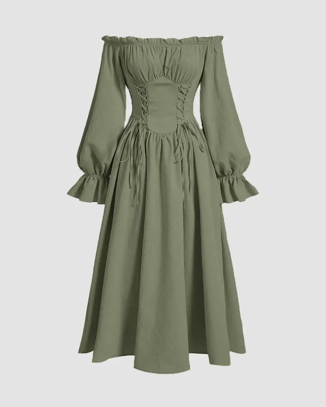 Solid Color Off-Shoulder Cross-Tie Waist Flared Sleeve Dress In Herbal Green