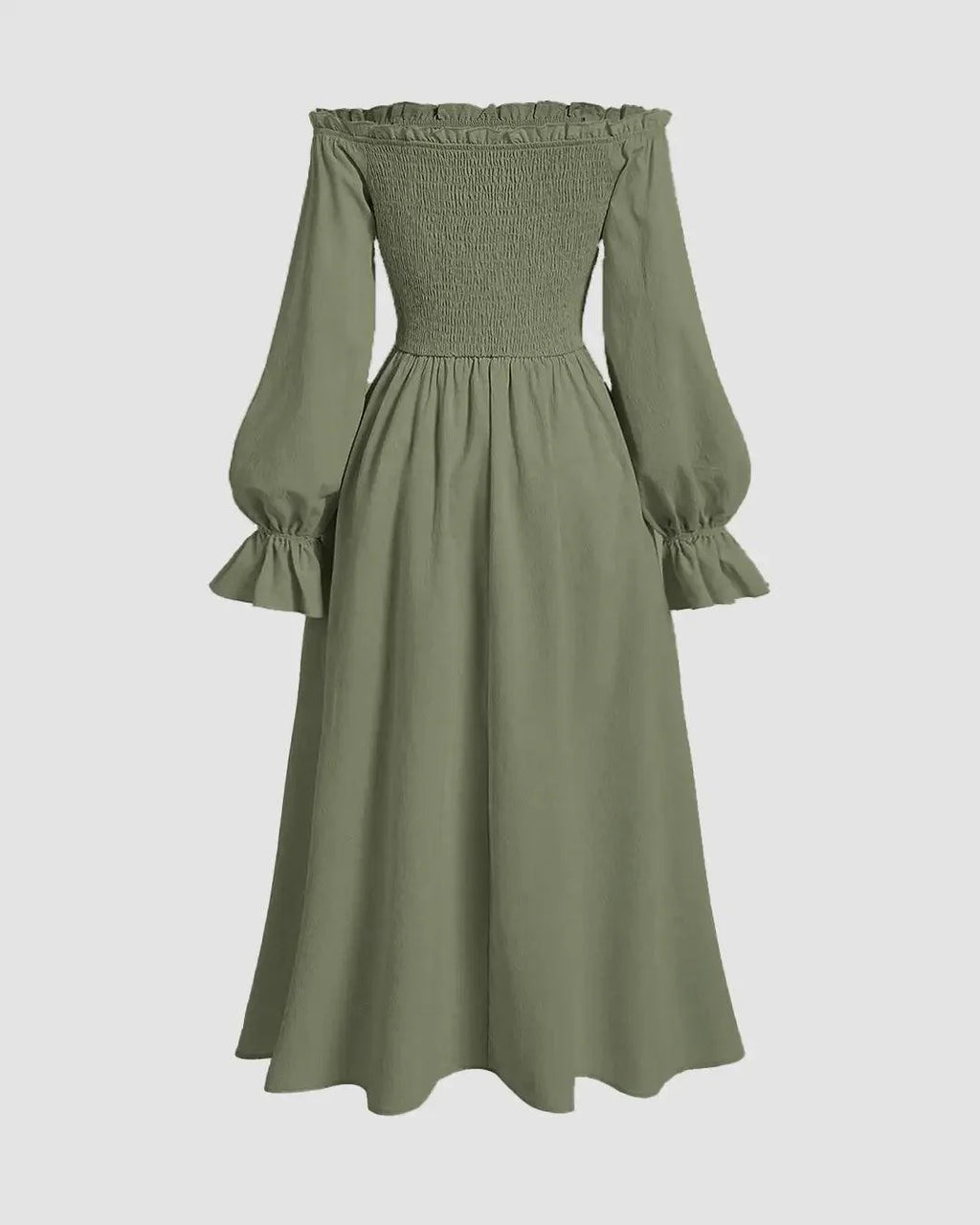 Solid Color Off-Shoulder Cross-Tie Waist Flared Sleeve Dress In Herbal Green