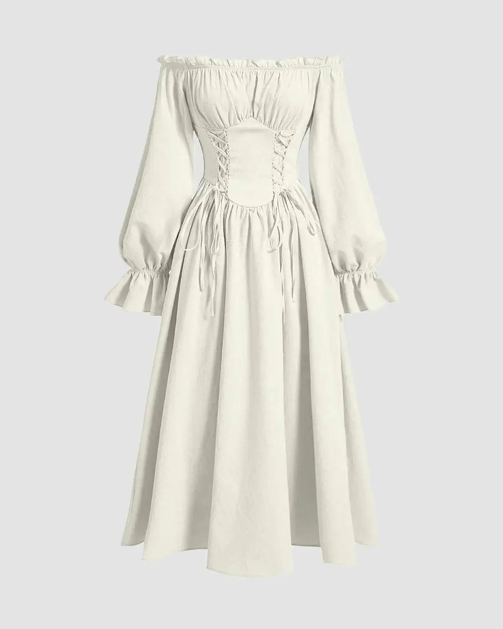 Solid Color Off-Shoulder Cross-Tie Waist Flared Sleeve Dress In Off-White