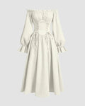 Solid Color Off-Shoulder Cross-Tie Waist Flared Sleeve Dress In Off-White