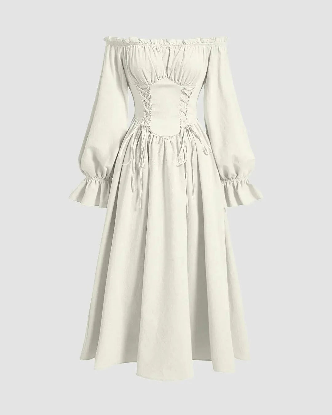 Solid Color Off-Shoulder Cross-Tie Waist Flared Sleeve Dress In Off-White