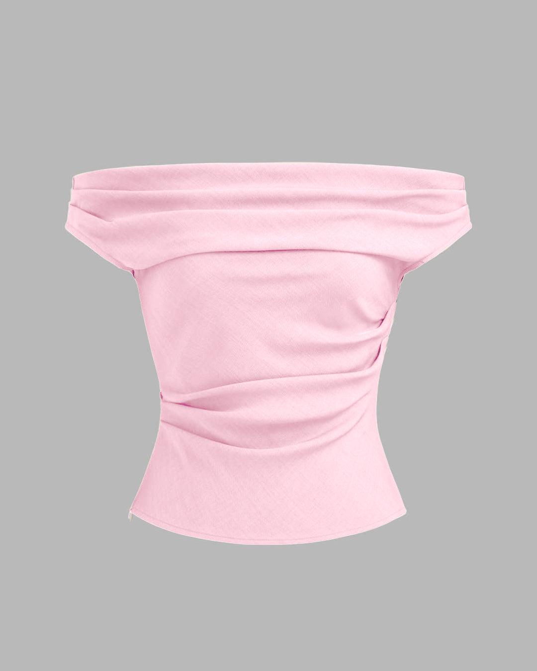 Solid Color Off-Shoulder Ruched Baby Pink Top