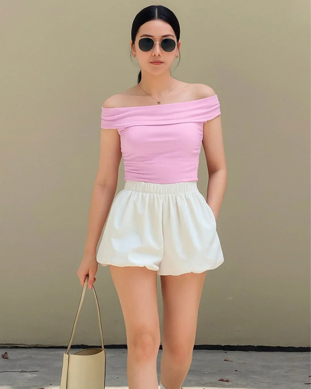 Solid Color Off-Shoulder Ruched Baby Pink Top