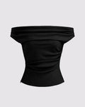 Solid Color Off-Shoulder Ruched Black Top