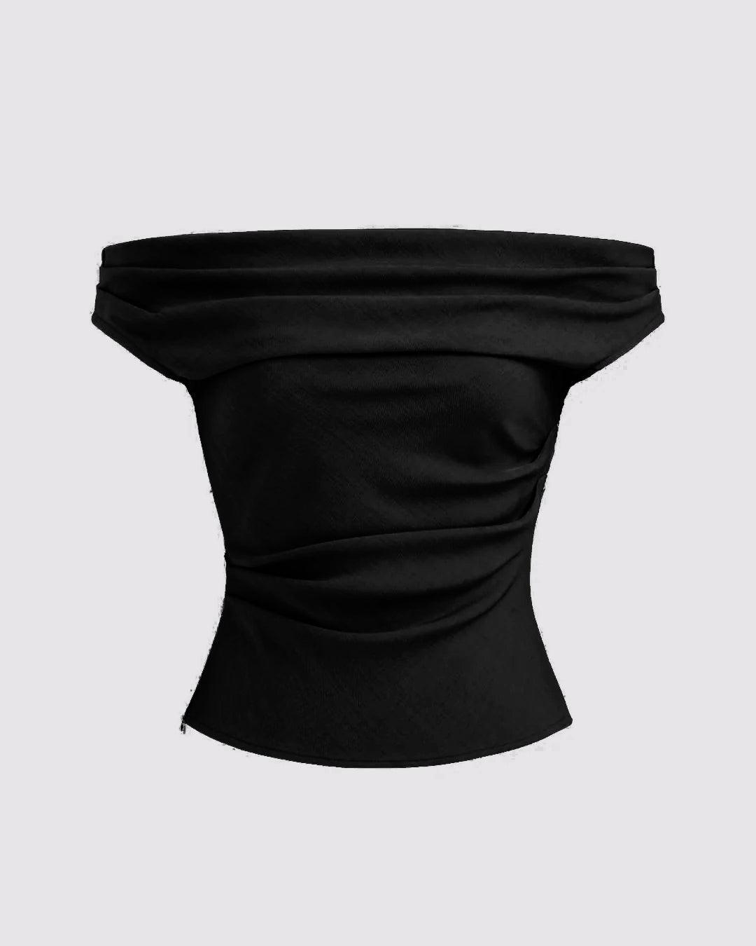 Solid Color Off-Shoulder Ruched Black Top