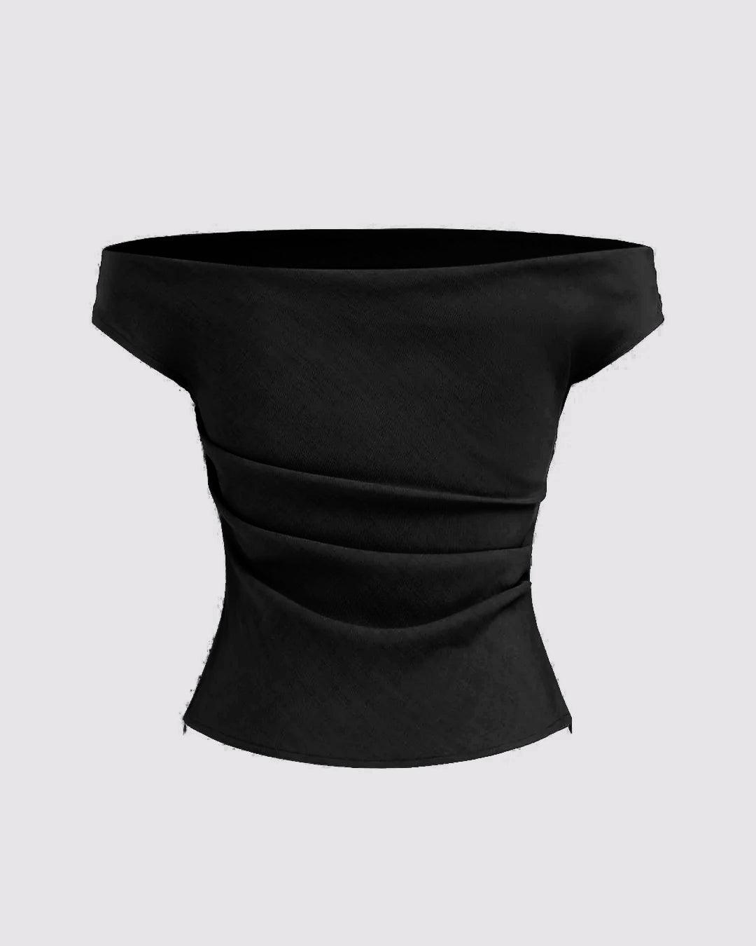 Solid Color Off-Shoulder Ruched Black Top