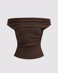 Solid Color Off-Shoulder Ruched Chocolate Brown Top