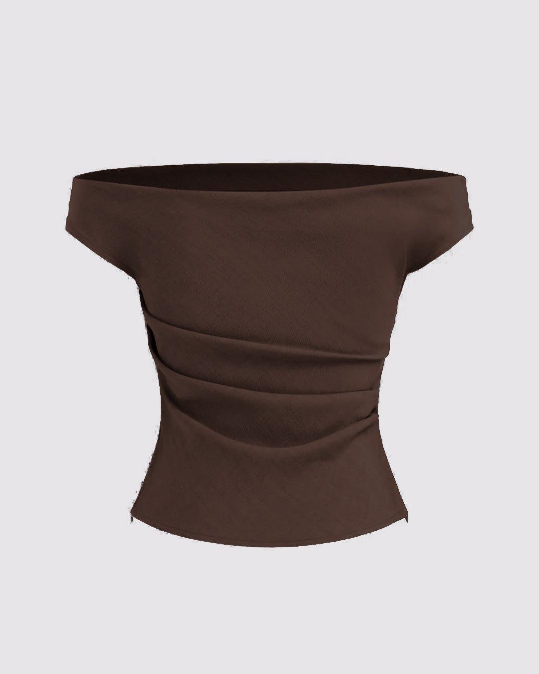 Solid Color Off-Shoulder Ruched Chocolate Brown Top