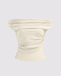 Solid Color Off-Shoulder Ruched Off White Top
