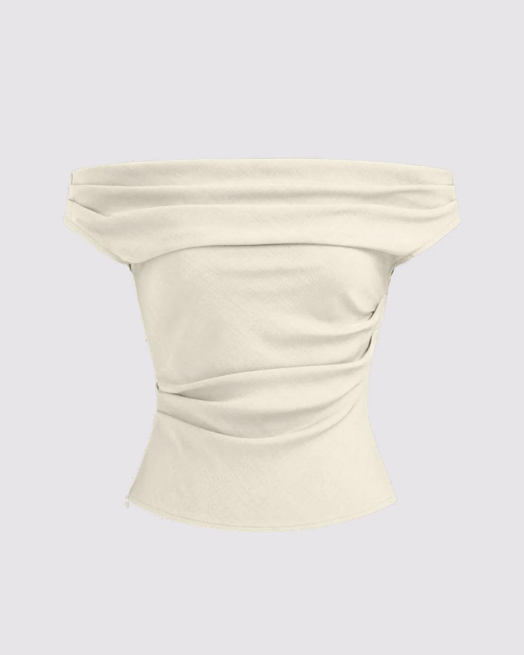Solid Color Off-Shoulder Ruched Off White Top